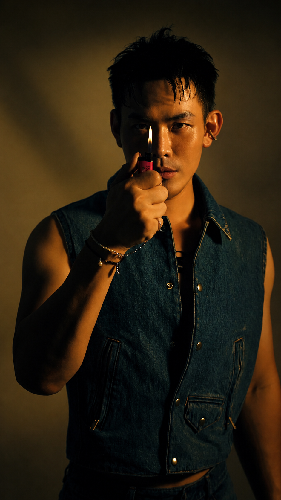 Editorial portrait. Alvin in denim vest holding a lit lighter at face height, atmospheric warm light