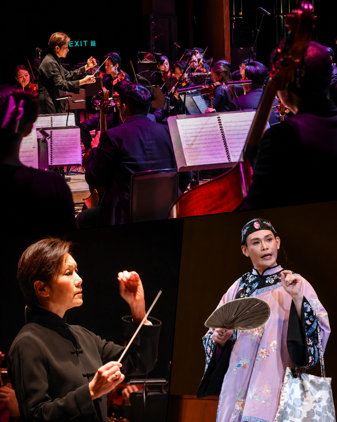 Bel Canto Hong Kong. The orchestra and conductor, with Alvin in lavender robe holding a fan visible on the stage screen