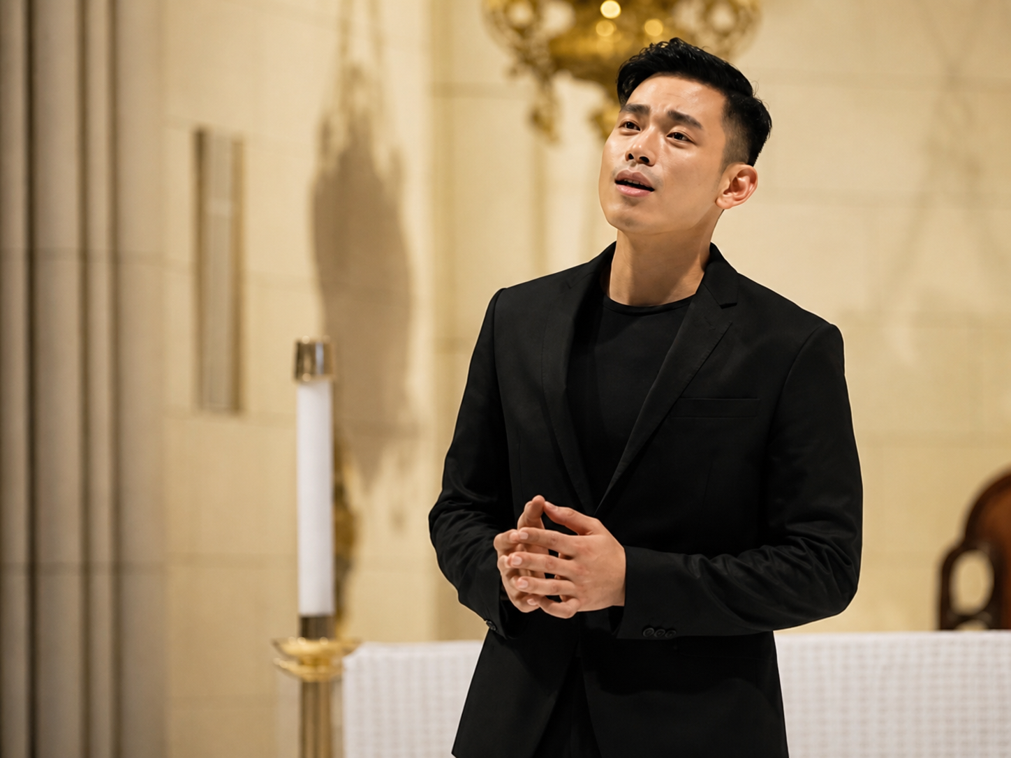 Alvin singing in a chapel-like sacred space, hands clasped